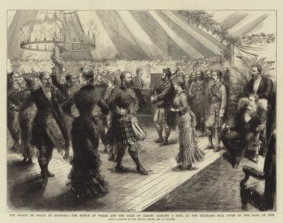 The Prince of Wales at Braemar, the Prince of Wales and the Duke of Albany dancing a Reel at the Highland Ball given by the Earl of Fife by Frederic Villiers